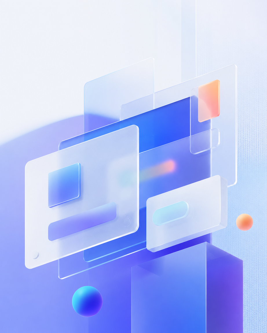 Abstract layered glass panels and dimensional gradient forms representing technical growth systems.
